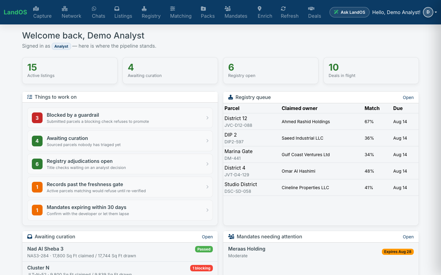 LandOS analyst dashboard showing the pipeline overview, registry queue and things to work on