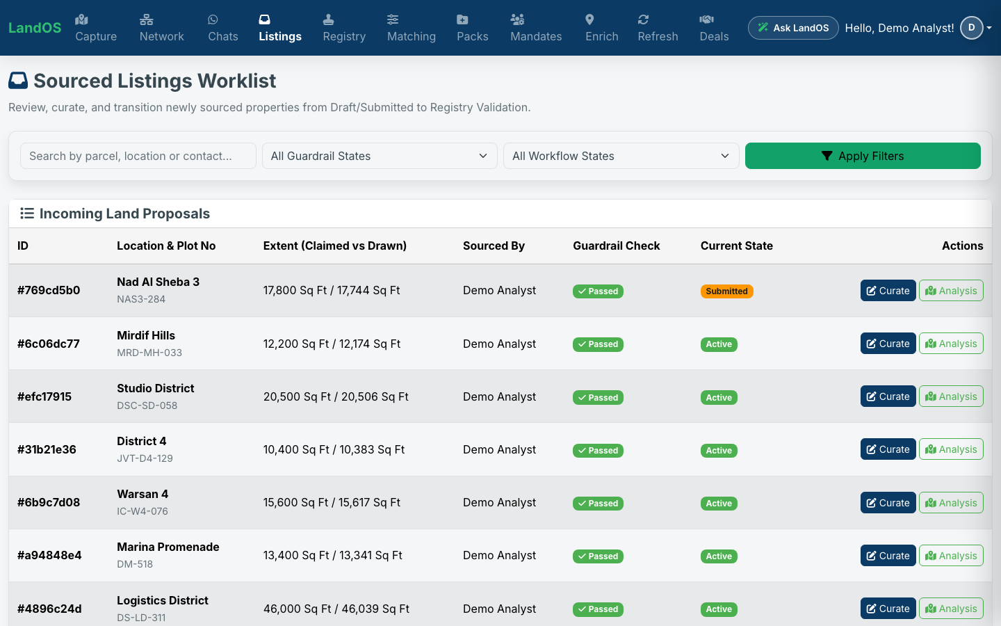 LandOS sourced-listings worklist with trust badges and guardrail checks