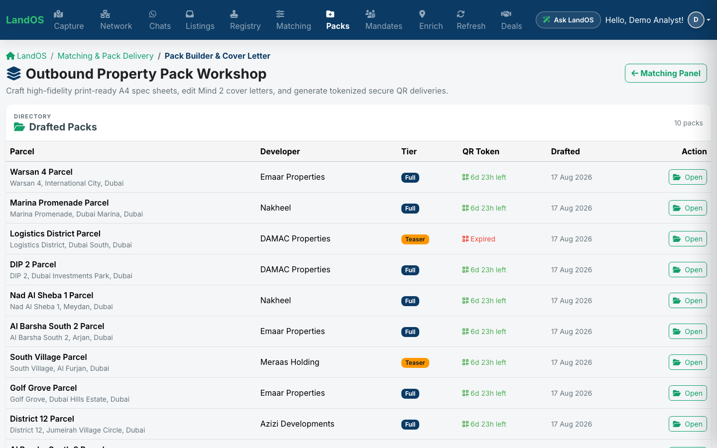 LandOS outbound property pack workshop with tokenized QR delivery to developers